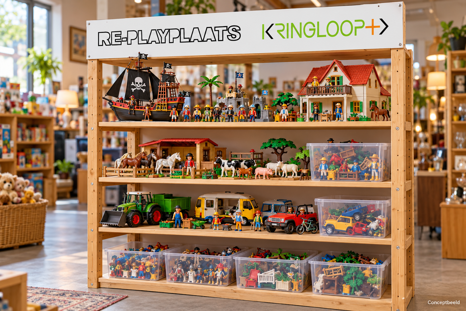 Conceptbeeld van een houten stellingkast met Playmobil voor Re-Playplaats bij Kringloop+